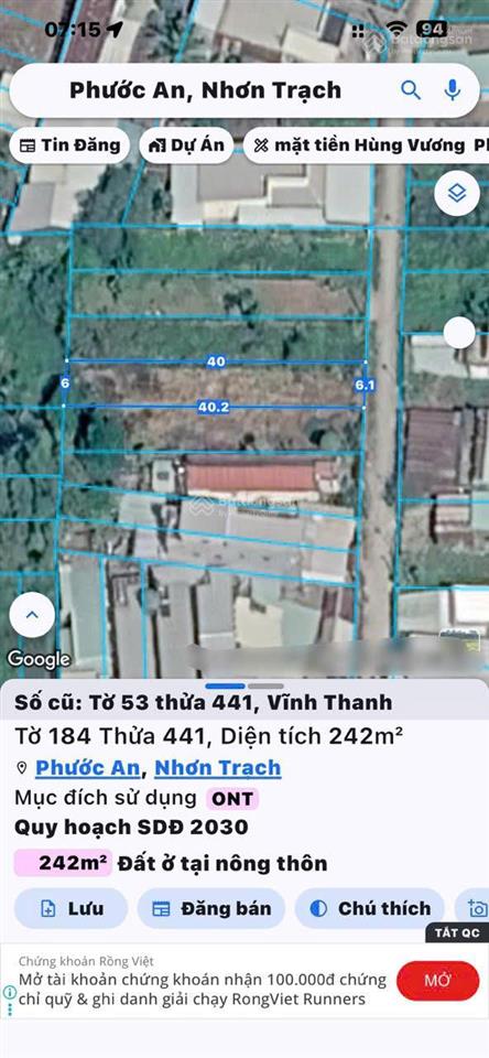 Cần bán lô đất xã vĩnh thanh, nhơn trạch, đồng nai. full thổ cư, dt 242m2, sổ đỏ cất két, gd nhanh