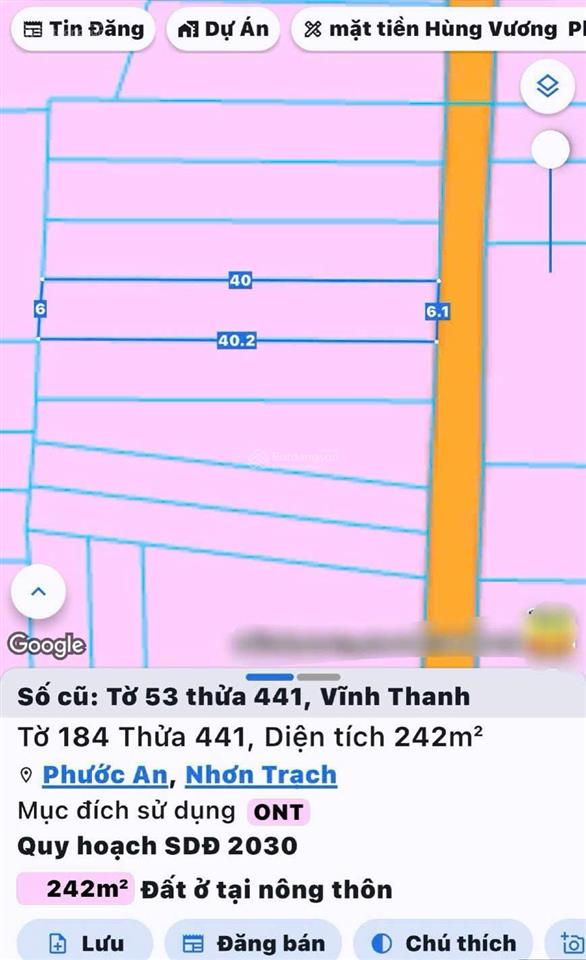 Cần bán lô đất xã vĩnh thanh, nhơn trạch, đồng nai. full thổ cư, dt 242m2, sổ đỏ cất két, gd nhanh