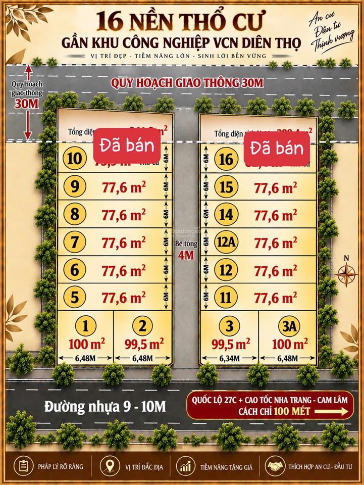Bán đất diên thọ 385 triệu/lô | full thổ cư | mặt tiền đường nhựa 9m gần ql27c và kcn diên thọ