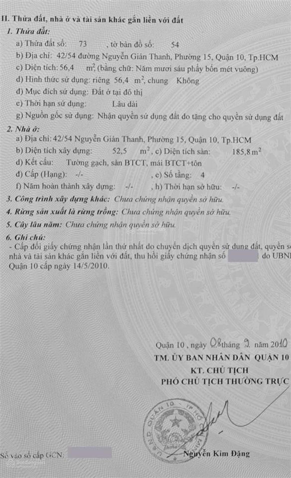 Chính chủ giảm 1 tỷ, bán nhà riêng 42/54 đường nguyễn giản thanh, q10, còn 12,9 tỷ, 56m2