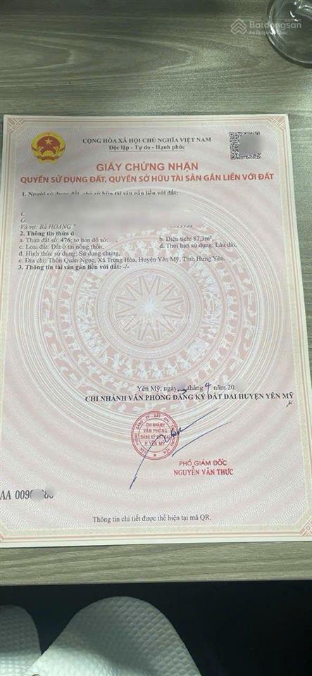 Chính chủ gửi bán lô đất đẹp, vuông vắn, tại quần ngọc, trung hòa, yên mỹ.gần sát ngay kcn yên mỹ