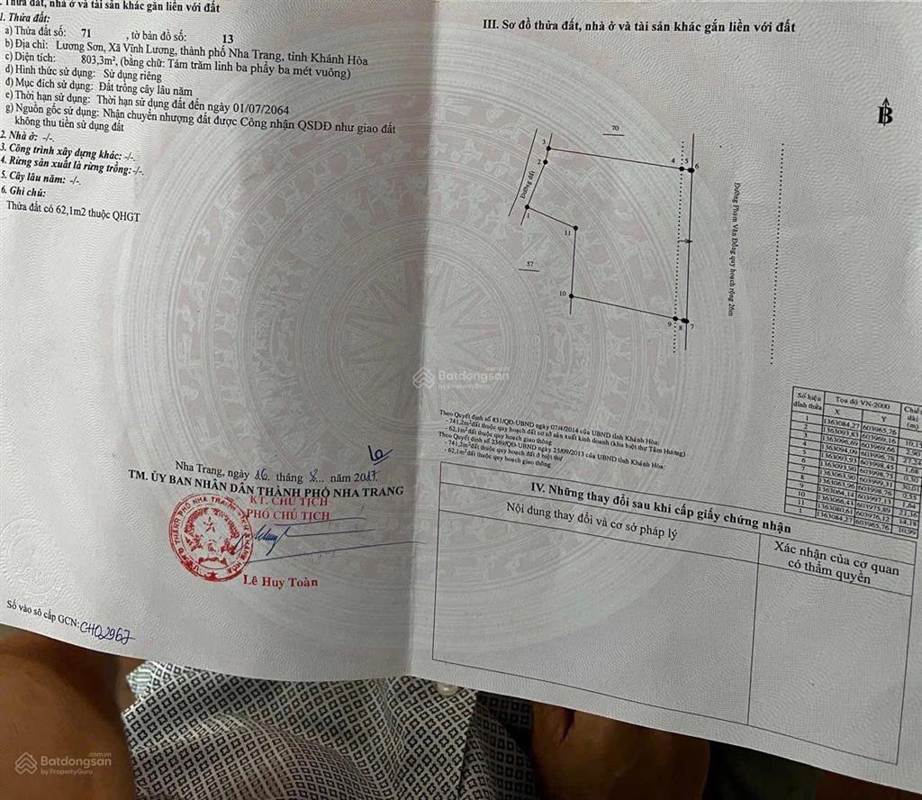 Chỉ 6,5 tỷ sở hữu 803,3m2 ngang 30m. đất mặt đường phạm văn đồng. lương sơn bắc nha trang. đất cln