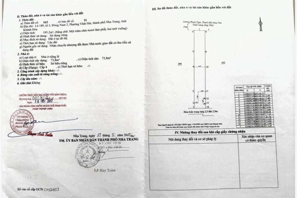 Bán đất nhà gần biển mặt đường phạm ngọc thạch 195m2 ngang 5,25m giá 21,787tỷ vĩnh hải nha trang