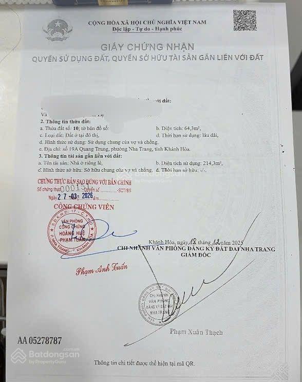 Bán nhà 3 tầng 64,3m2 ngang 5,3m giá 19,29 tỷ. mặt đường quang trung bên cạnh vietcombank khánh hòa