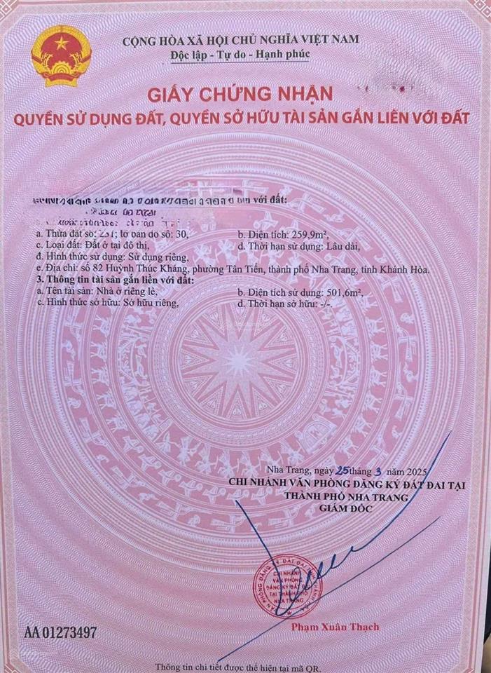 Bán nhà đường huỳnh thúc kháng 259,9m2 ngang 8,8m giá 44,1tỷ. đang cho thuê 60tr/th. trung tâm nt