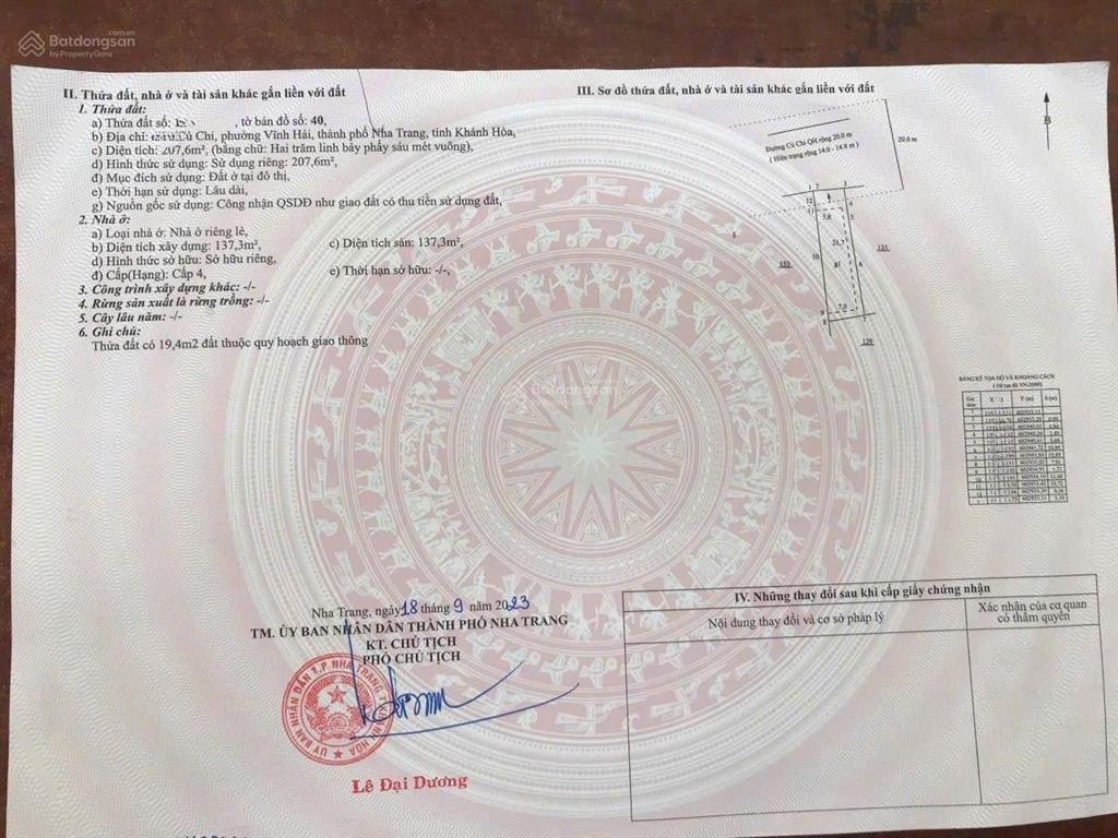 Bán 207,6m2 ngang 7m nở hậu 7,8m chỉ 26 tỷ. mặt đường củ chi. vĩnh hải. bắc nha trang