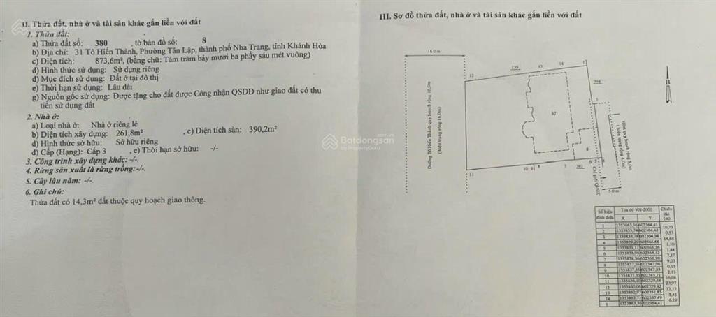 Bán nhanh 873,6m2 ngang 24m giá 290tr/m2. mặt tiền đường tô hiến thành. trung tâm tp nha trang