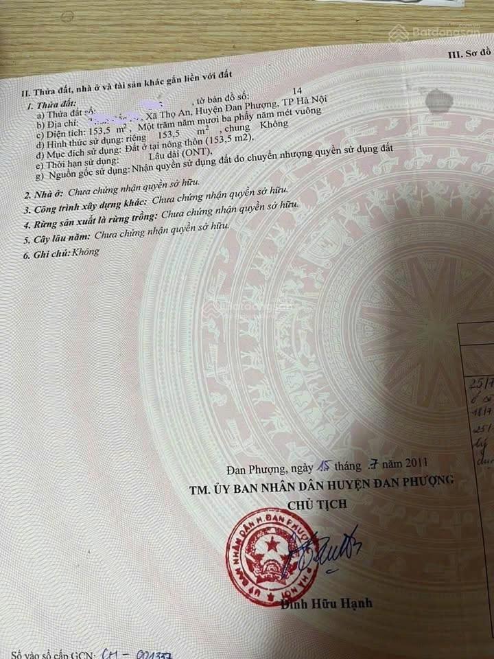 Bán 154m2 xã liên minh (thọ an, h. đan phượng), giá chỉ 22tr/m2