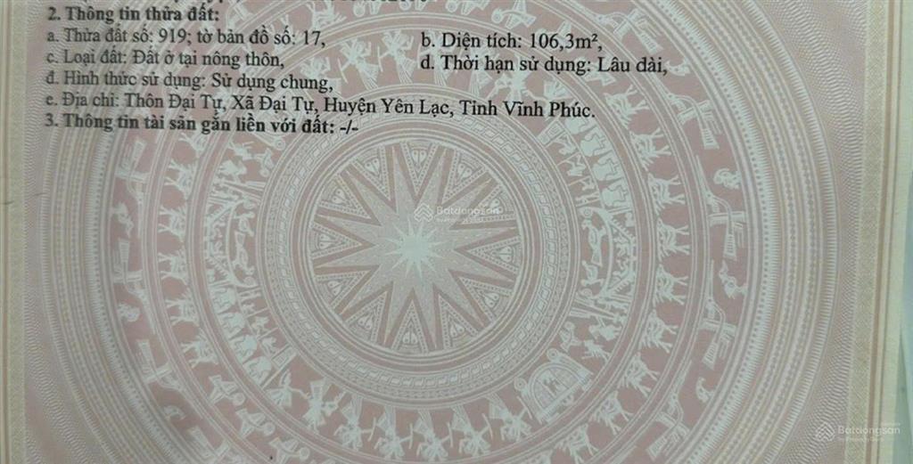 Bán đất tại xã đại tự, huyện yên lạc, vĩnh phúc, giá siêu hời 1,85 tỷ, 106 m2