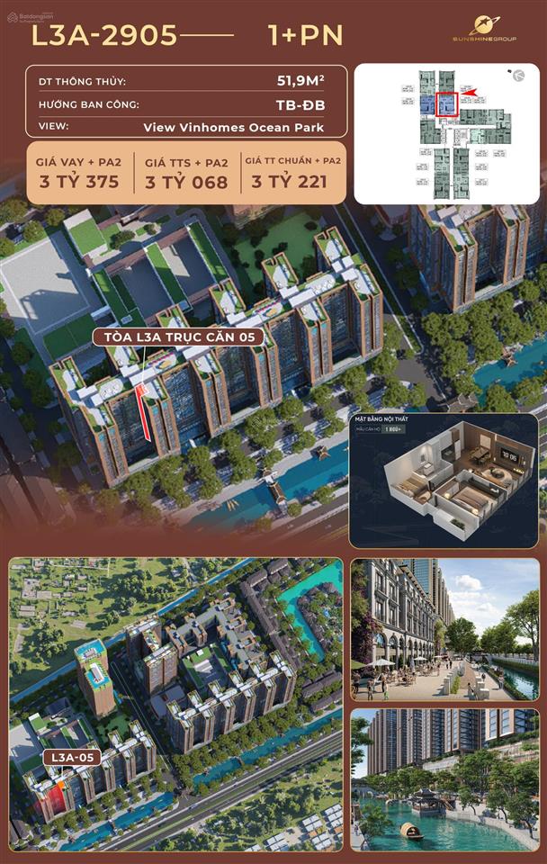 Bán căn hộ 1pn+1 tầng cao view vinhomes ocean park  giá chỉ từ 3,068 tỷ