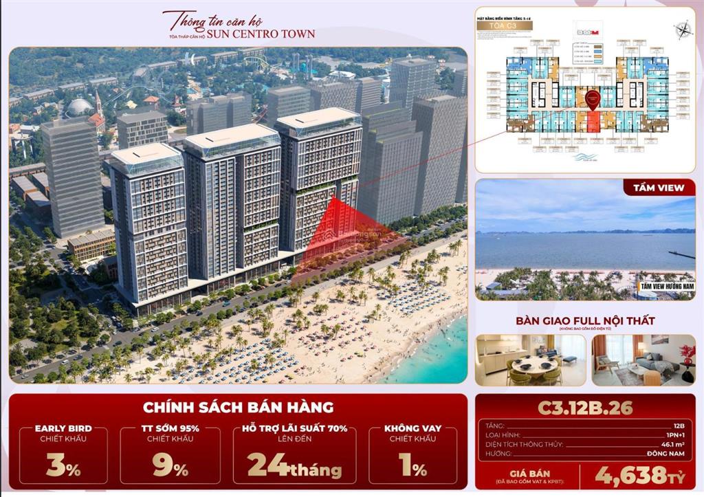 E mạnh độc quyền duy nhất căn 1pn+ trực diện biển hướng đông nam, giá nét 4 tỷ. nội thất đầy đủ