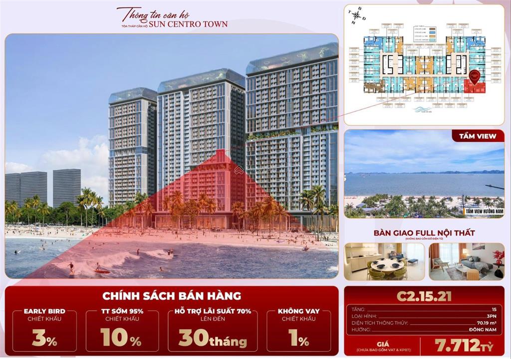 Độc quyền 3 phòng ngủ căn góc dự án sun centro town giá full 100% 6,x tỷ