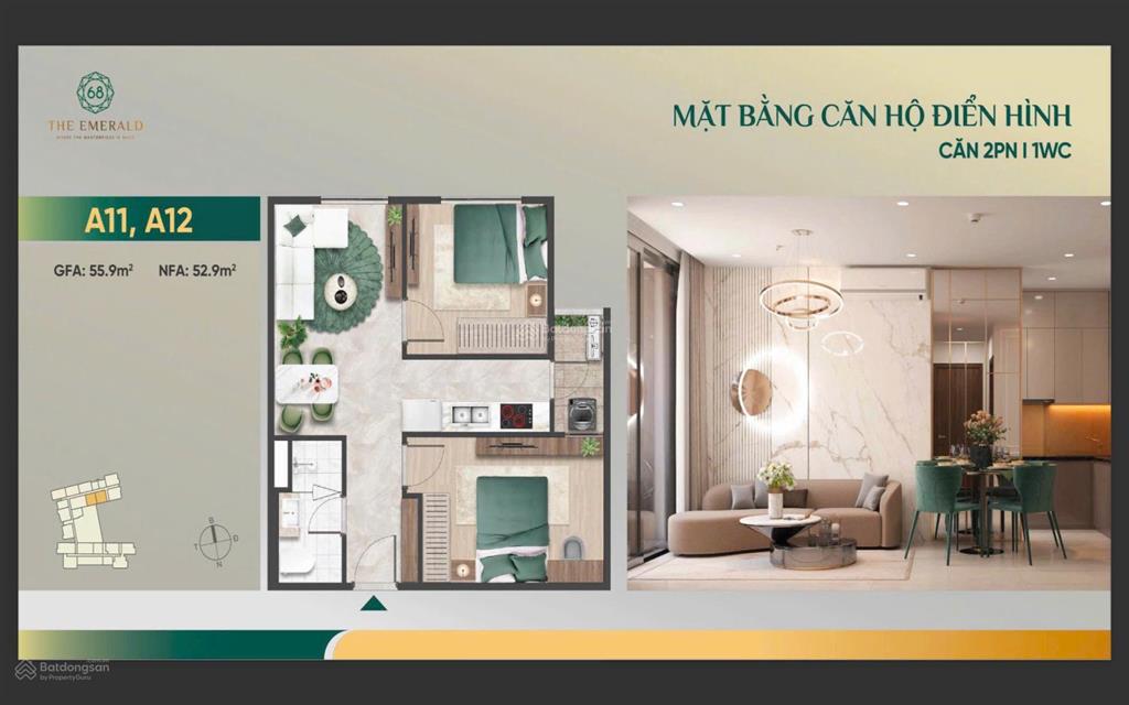 Bán căn a11 hướng nam 55tr/m2, view sông sài gòn cuối năm nhận nhà the emerald 68