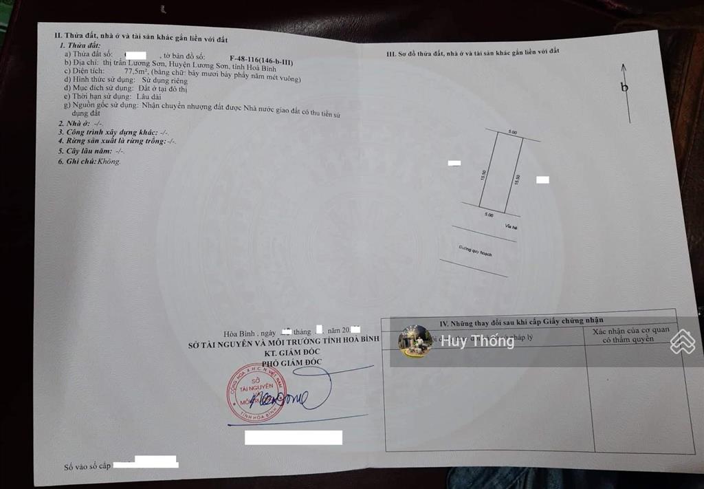 Bán 77,5m2 mặt đường đôi huỳnh thúc kháng, phố chợ lương sơn, giá chỉ 3,4 tỷ. cách xuân mai hn 5km