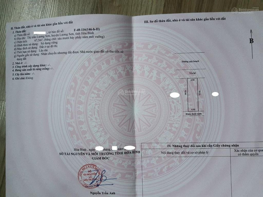 Bán 67,5m2 phố chợ lương sơn, phú thọ. cách nội đô hà nội 35km