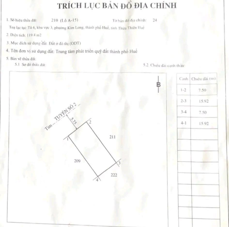 Cần bán nhanh lô đất tái định cư kim long, sau lưng trường tiểu học