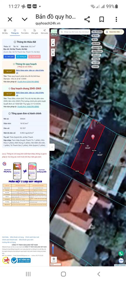 Bán đất thổ cư sổ đỏ 53m² thôn thượng phúc, tả thanh oai