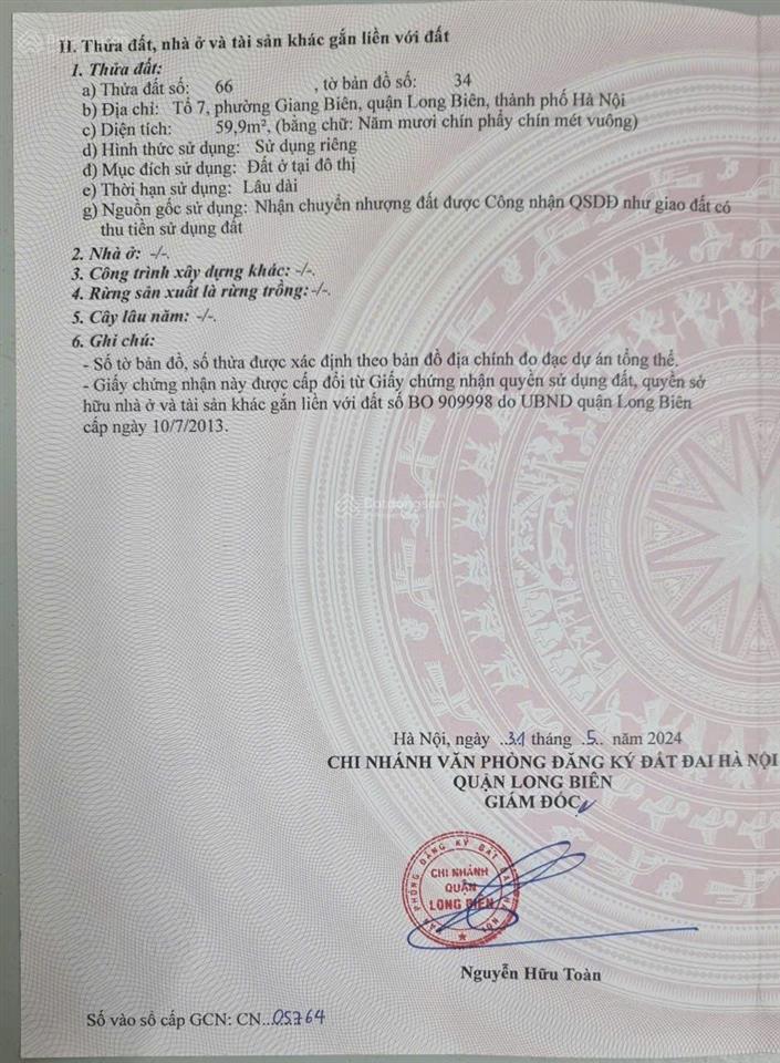 Chính chủ bán đất tại tổ 7, kẻ tạnh, phạm khắc quảng, giang biên, 60m2, 220 triệu / m2