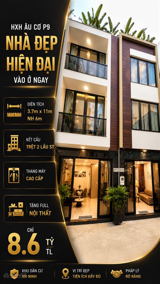 Chỉ 8.6 tỷ tl cho căn nhà hxh 5m âu cơ p.9 tb trệt 2 lầu st full nội thất + thang máy 450kg