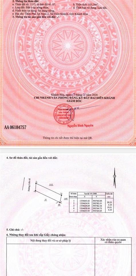 Bán đất mặt đường bà đề xã diên an ( diên khánh mới ) 101.5m2 chỉ 3ty552 bao sổ