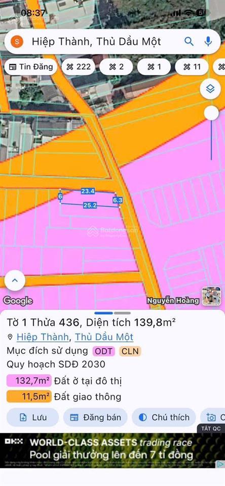 Đất 2 mặt tiền ngang 6 x 25 thổ cư 120m2 phường hiệp thành thủ dầu một bình dương