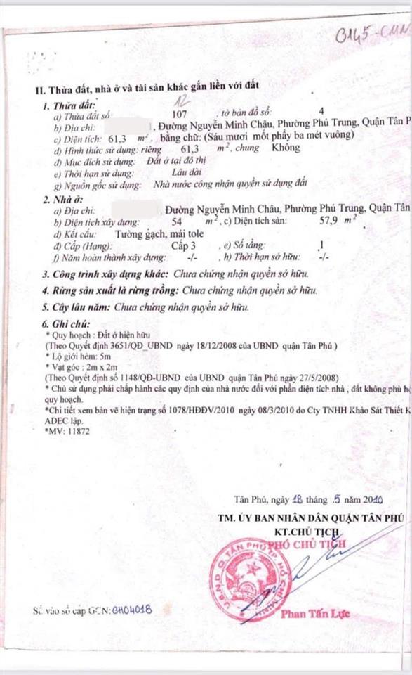 Bán nhà 2 hẻm 3m (ko xh) nguyễn minh châu, p. phú trung, q. tp 3 tỷ 860
