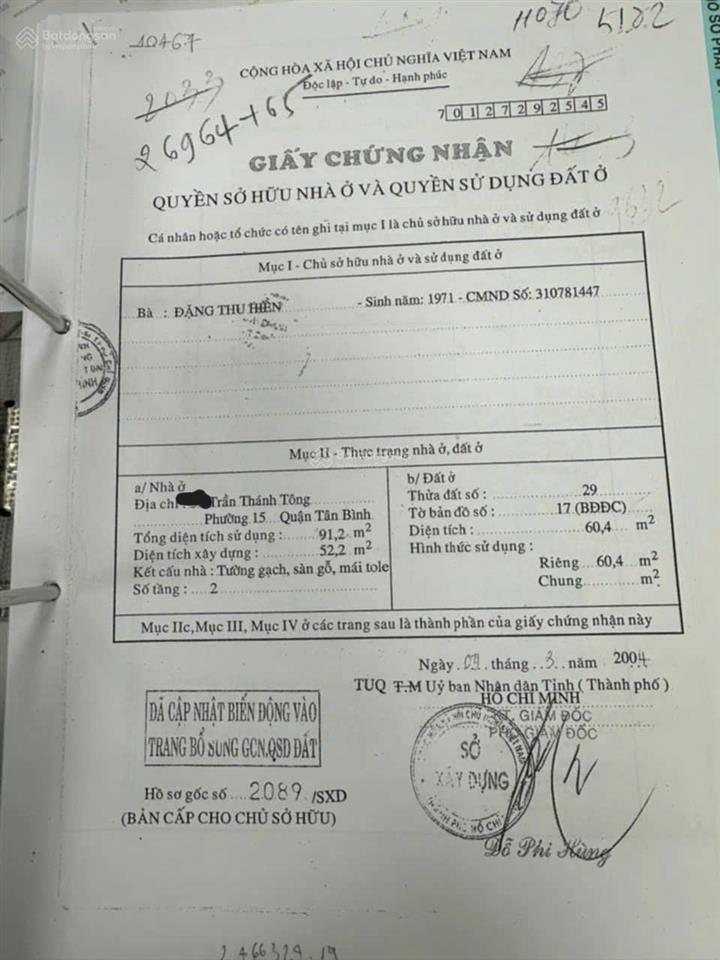 Bán nhà mt trần thánh tông, p. 15, q. tân bình, 8,7 tỷ
