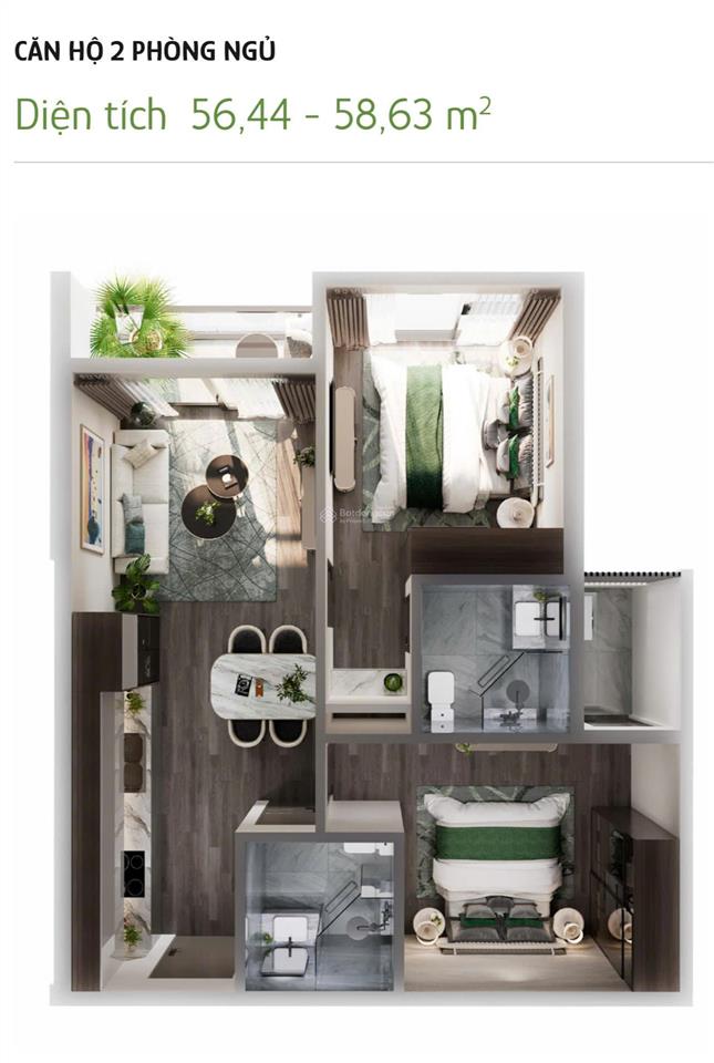 Bán căn giá tốt, 58m²  2n2vs  3,1 tỷ bàn giao full nội thất liền tường, tặng chỉ vàng