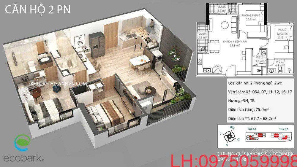 Cần bán nhanh căn hộ skyoasis, 2 ngủ, 68m, full đồ, ban công đn, giá tốt nhất thị trường ecopark