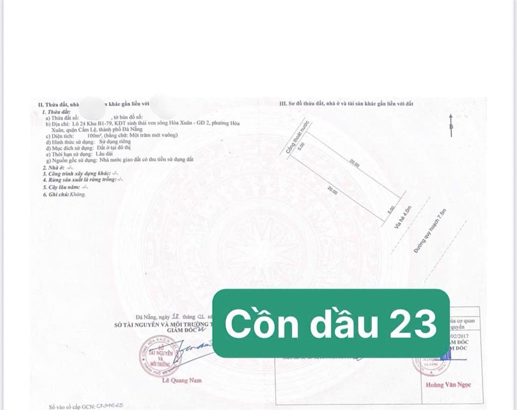 Bán cặp đất liền kề mt đường 7m5 cồn dầu 23, kẹp vệt cây xanh, dt 200m2, hoà xuân, đà nẵng