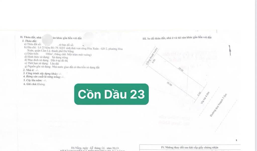 Bán cặp đất liền kề mt đường 7m5 cồn dầu 23, kẹp vệt cây xanh, dt 200m2, hoà xuân, đà nẵng