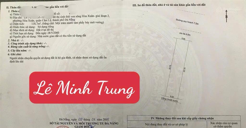 Bán cặp đất liền kề đường 7m5 236m2 đất đường lê minh trung, hoà xuân, đà nẵng  0934 863 ***
