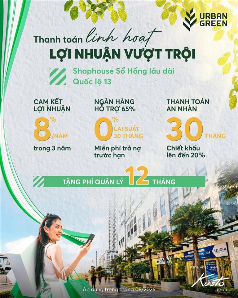 Chỉ 50tr/m2 3,6 tỷ sở hữu ngay shophouse urban green đã có sổ nhận ngay 2535tr/th, ck lên đến 30%