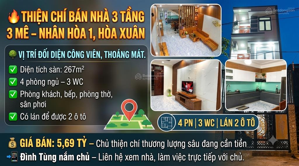 Chủ cần tiền nhà 3 tầng 3 mê đối diện công viên nhân hòa 1, hòa xuân 5,69 tỷ thương lượng sâu