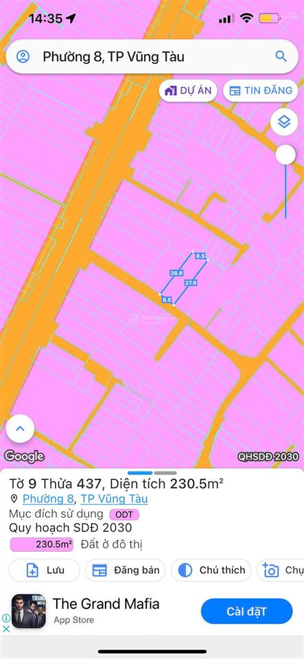 Bán đất hẻm 6m diện tích 230m2 ngang 8,5m trương công định, cách trục chính 30m, phường 8, vũng tàu