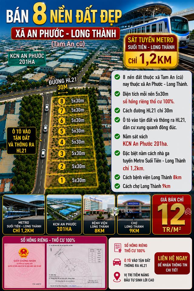 Cần bán nền đất thuộc xã an phước  long thành giá chỉ 1,65 tỷ/nền. cạnh nhà ga metro