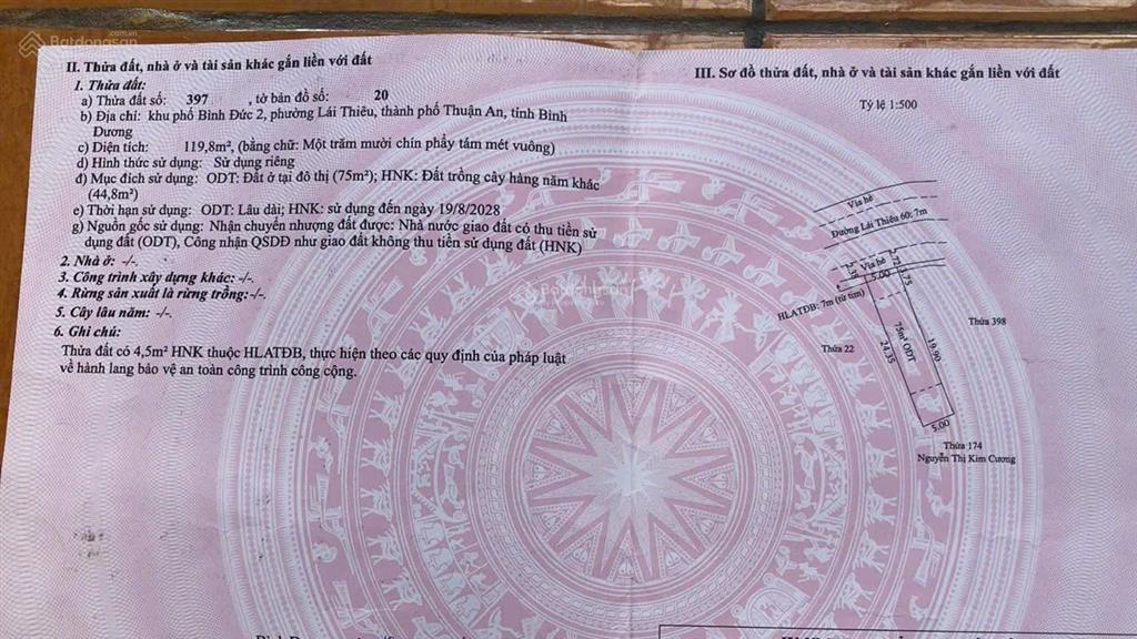 Bán đất mặt tiền lái thiêu 60 dt 120m2 sẵn 750m2 tc gần sông sài gòn, giá tốt chỉ 5.2 tỷ