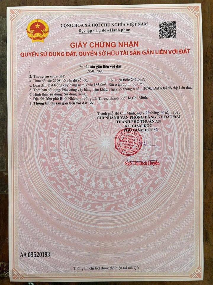Đất mặt tiền ô tô đường bình nhâm 28, lái thiêu dt 245m², dễ xây dựng, giá mềm chỉ 3,5 tỷ