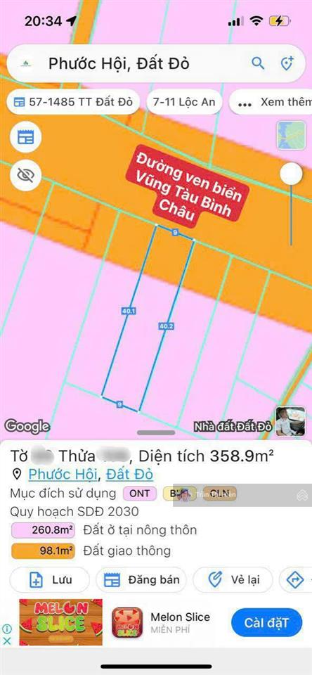 Mặt tiền đường ven biển vũng tàu bình châu  cách biển lộc an chỉ 1km 9x40m 360m2 sẵn 100m2 thổ cư