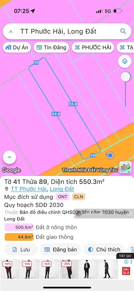 Thị trấn phước hải  đường nhựa gần biển  550m2  10x55m
