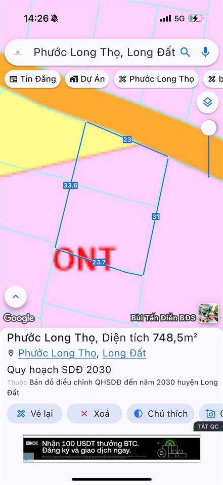 Xã đất đỏ  tp hcm ngay đối diện khu công nghiệp đất đỏ  dt 742,6m2  ngang 23m x 33m