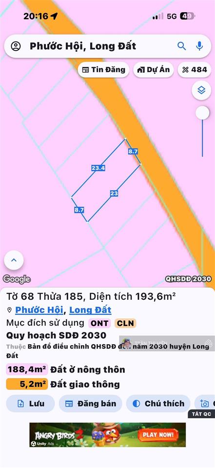 Cách bãi tắm lộc an chỉ 2km  dt 193.6m2  8.7m x 23m sẵn 100m2 thổ cư