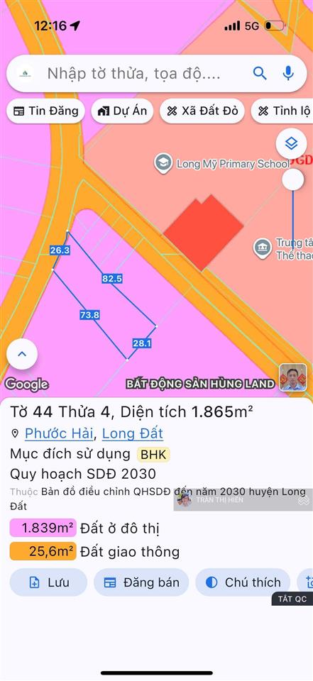 Trung tâm thị trấn phước hải  ngay trường tiểu học  cách biển phước hải chỉ 3km  1865m2  26x82m