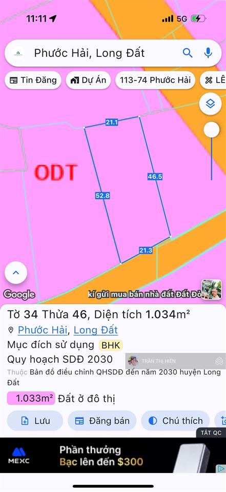 Thị trấn phước hải  ngay tỉnh lộ 44b  cách biển chỉ 5km  dt 1034m²  ngang 21m x 52m  4,5 tỷ
