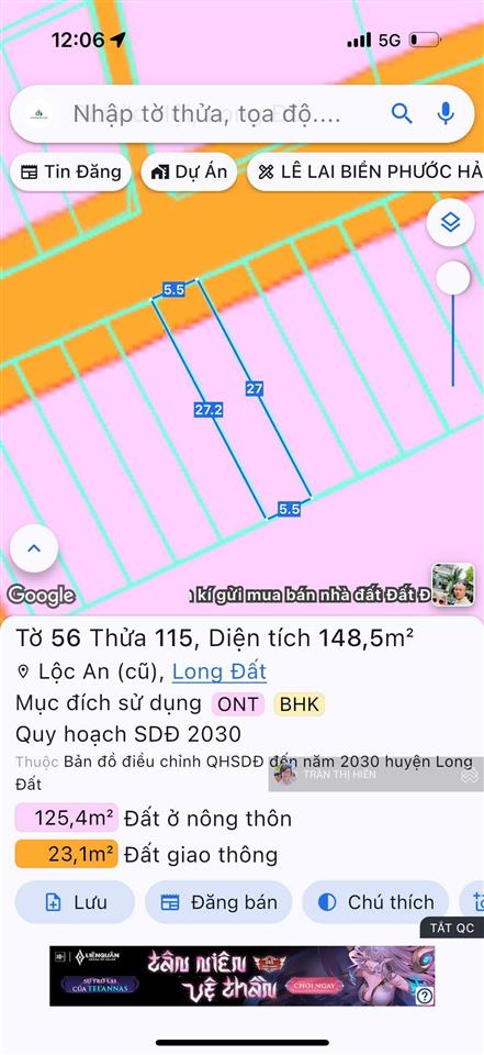 Lộc an siêu đẹp rẻ  cách biển 1km  dt 148,5m2  ngang 5.5m x 27m sẵn 100m2 thổ cư