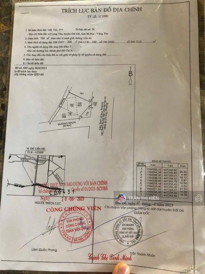 Góc 2 mặt tiền tỉnh lộ 52  long tân  đất đỏ  brvt  dt 780m2  250m2 thổ cư ngang 20m x 43m