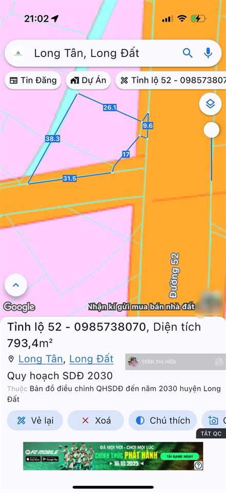 Góc 2 mặt tiền tỉnh lộ 52  long tân  đất đỏ  brvt  dt 780m2  250m2 thổ cư ngang 20m x 43m