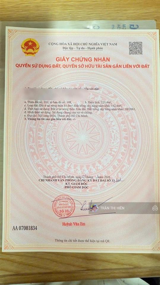 Lô đất biệt thự đường cao văn ngọc  trung tâm long điền brvt cũ 223.4m2 ngang 5m nở hậu 11.7m