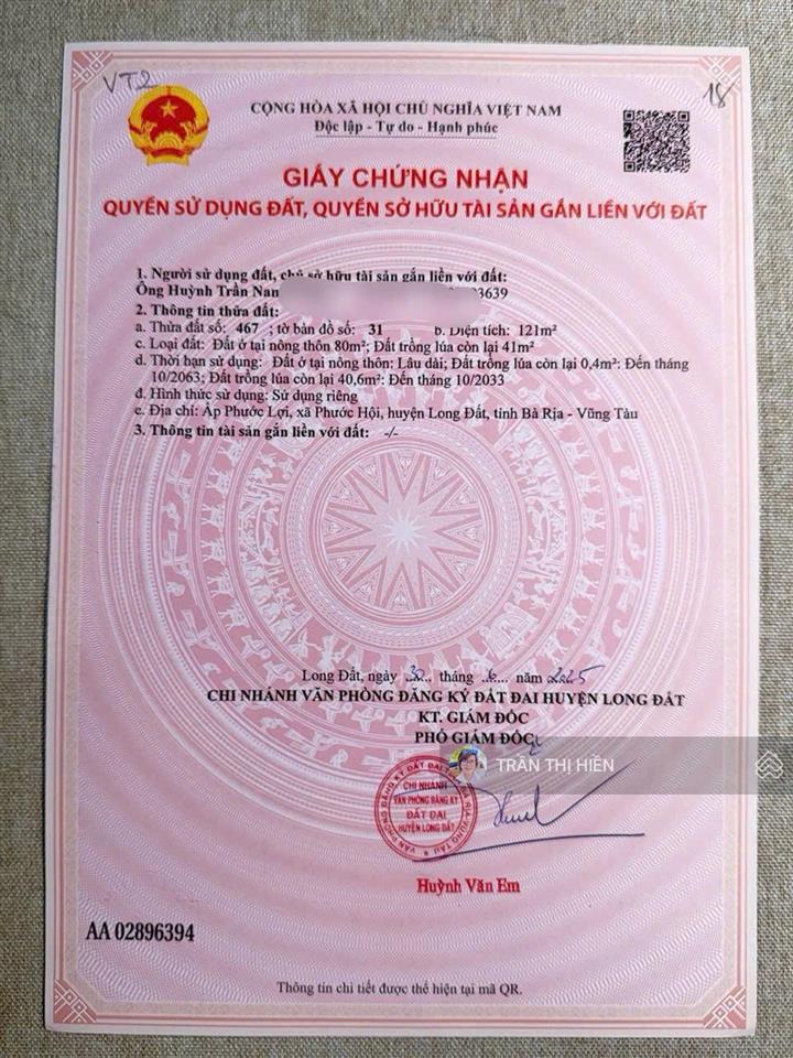 Mặt tiền kinh doanh tỉnh lộ 44a  võ thị sáu  đi thẳng về biển phước hải 5 ph dt 121m2  6x21.7m