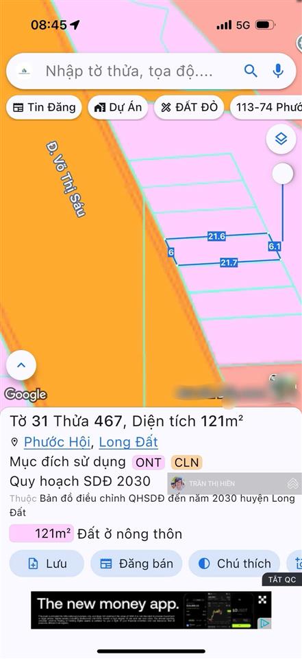 Mặt tiền kinh doanh tỉnh lộ 44a  võ thị sáu  đi thẳng về biển phước hải 5 ph dt 121m2  6x21.7m